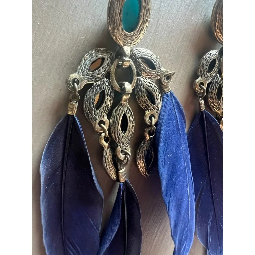 Boho Western Feather Earrings Turquoise Look Stone Chandelier Dangle‎ Cowgirl